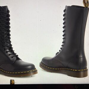 Dr. Martens 1914 Lug Sole Boot Black Leather Tall Boots with Yellow Stitching